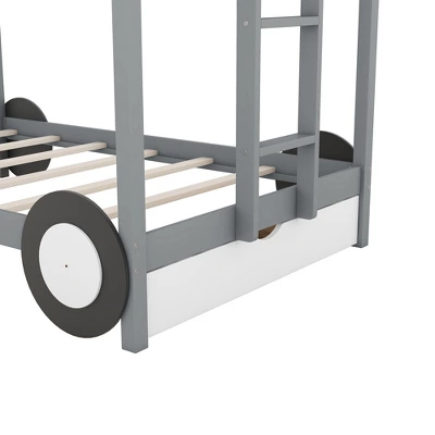 Twin Over Twin Car-Shaped Bunk Bed With Wheels, Drawers And Shelves, Gray - ModernLuxe - Image 9