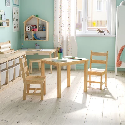 Emma And Oliver Kids 3 Piece Solid Hardwood Table And Chair Set For Playroom, Kitchen