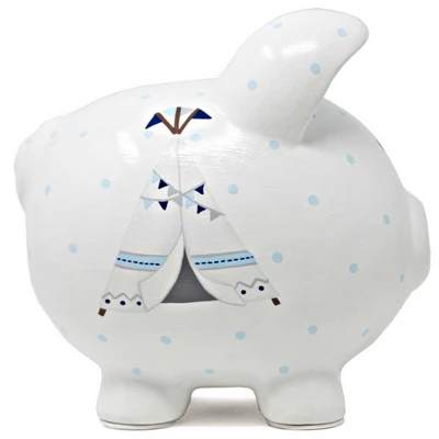 Bank Blue Bohemian Piggy Bank - One Piggy Bank 7.5 Inches - Arrows Tent Tepee - 36911 - Ceramic - White