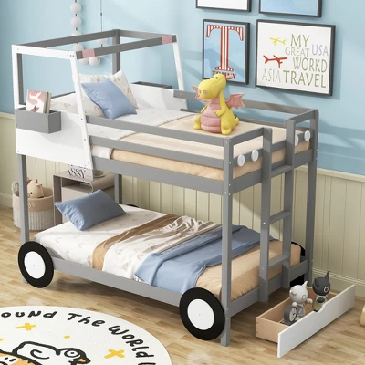 Twin Over Twin Car-Shaped Bunk Bed With Wheels, Drawers And Shelves, Gray - ModernLuxe - Image 2
