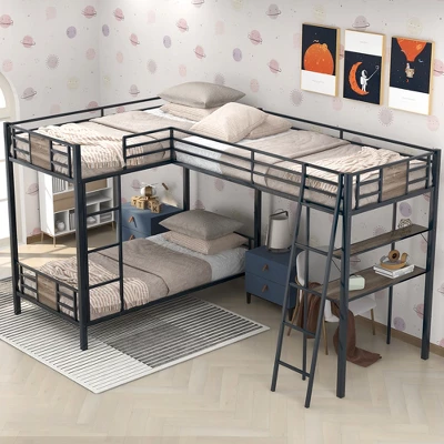 L-Shaped Twin Over Twin Bunk Bed With Twin Size Loft Bed With Desk And Shelf , Brown - ModernLuxe - Image 2