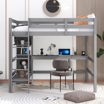 Full Size Loft Bed With Multifunction Shelves And Under-Bed Desk - ModernLuxe