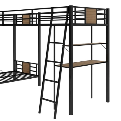 L-Shaped Twin Over Twin Bunk Bed With Twin Size Loft Bed With Desk And Shelf , Brown - ModernLuxe - Image 9