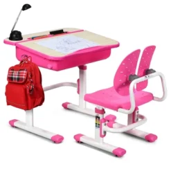 Costway Adjustable Children Study Desk Chair Set W/Winged Backrest Pink