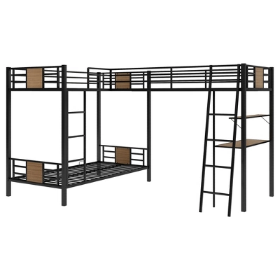 L-Shaped Twin Over Twin Bunk Bed With Twin Size Loft Bed With Desk And Shelf , Brown - ModernLuxe - Image 4