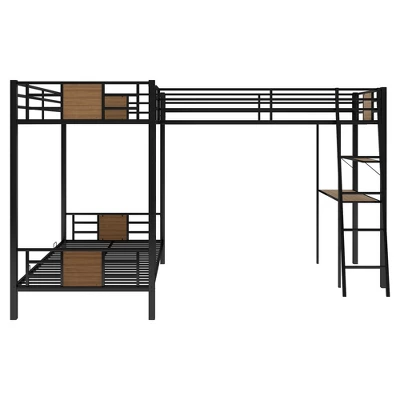 L-Shaped Twin Over Twin Bunk Bed With Twin Size Loft Bed With Desk And Shelf , Brown - ModernLuxe - Image 6