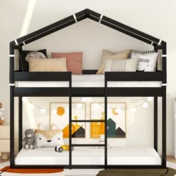 Wood Twin Over Twin Bunk Bed With Tent-ModernLuxe