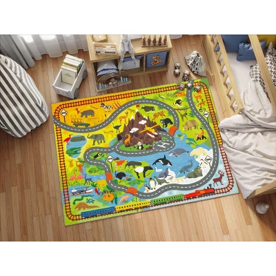 KC CUBS Boy & Girl Kids Animal Safari Car Vehicle Traffic Road Educational Learning & Game Play Nursery Bedroom Classroom Rug Carpet