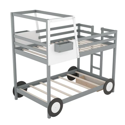 Twin Over Twin Car-Shaped Bunk Bed With Wheels, Drawers And Shelves, Gray - ModernLuxe - Image 6