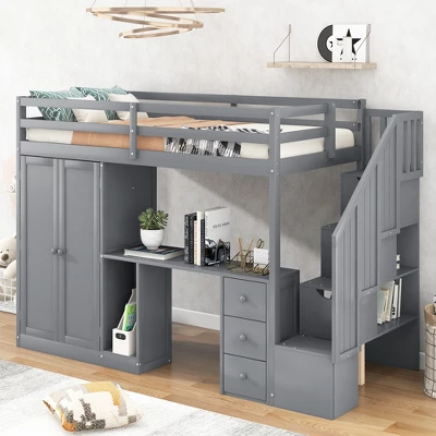 Twin Size Loft Bed With Wardrobe, Staircase, Desk And Storage Drawers - ModernLuxe - Image 2