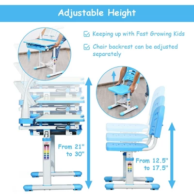 Costway Height Adjustable Kids Desk Chair Set Study Drawing W/Lamp & Bookstand - Image 5