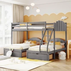 Full Over Twin & Twin Bunk Bed, Velvet Triple Bunk Bed With Drawers And Guardrails-ModernLuxe