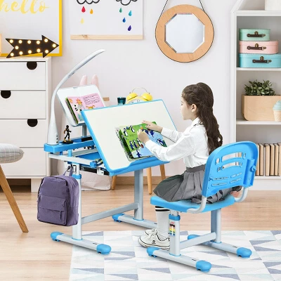 Costway Height Adjustable Kids Desk Chair Set Study Drawing W/Lamp & Bookstand - Image 3